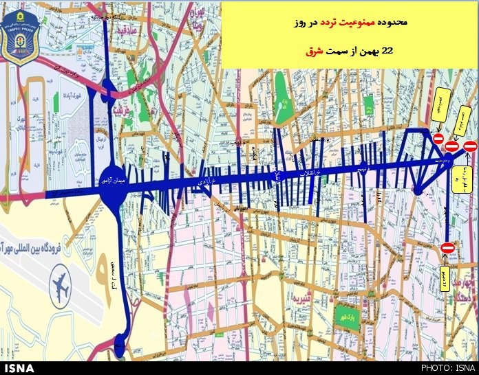 نقشه و کروکی مناطق توقف ممنوع در روز 22 بهمن / محدودیت های ترافیکی در پایتخت
