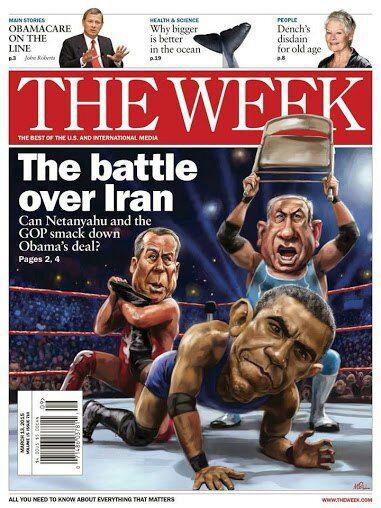 وقتی نتانیاهو توی رینگ کشتی کچ با صندلی بر سر اوباما می زند/ طرح جلد مجله دِویک