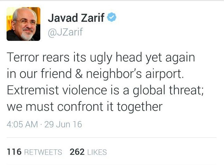 واکنش توئیتری ظریف به حملات تروریستی در فرودگاه استانبول