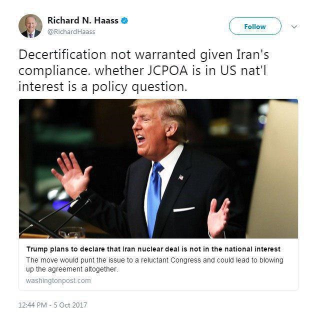 هشدار توئیتری ریچارد هاس درباره اعلام عدم پایبندی ایران به برجام/عکس