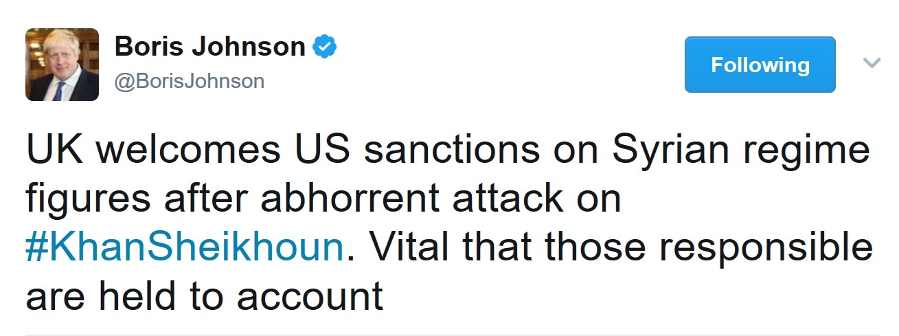 عکس | واکنش توییتری وزیر خارجه انگلیس به تحریم‌های آمریکا علیه سوریه