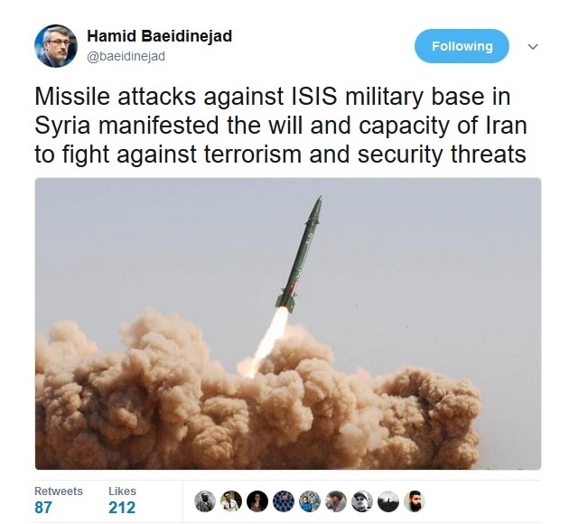 واکنش توئیتری بعیدی نژاد به حملات موشکی سپاه به داعش