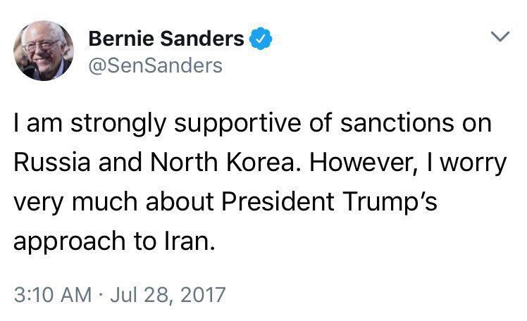واکنش توئیتری برنی‌سندرز به تصویب تحریم‌ها علیه ایران