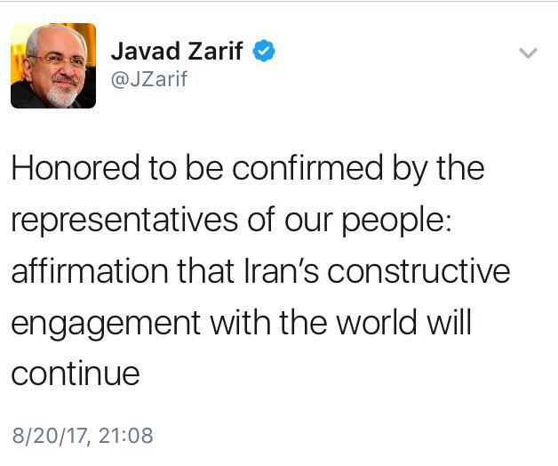عکس | پست توئیتری ظریف درباره انتخاب مجدد خود به عنوان وزیر خارجه