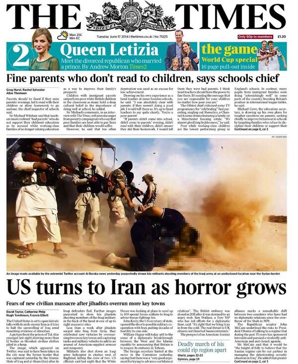 صفحه یک روزنامه امروز تایمز لندن درباره رو آوردن آمریکا به ایران درباره داعش