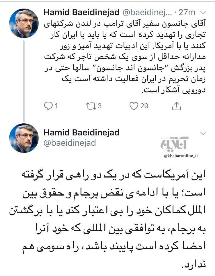 پاسخ بعیدی‌نژاد به رجزخوانی سفیر آمریکا در لندن/عکس