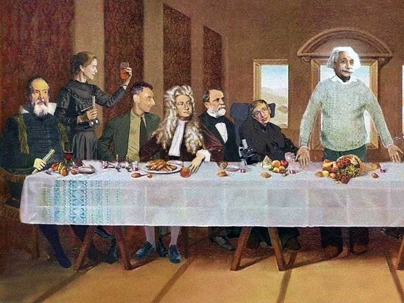 گروهی از مشاهیر دنیای علم: اینشتین، هاوکینگ، پاستور، نیوتن، ماری کوری و گالیله