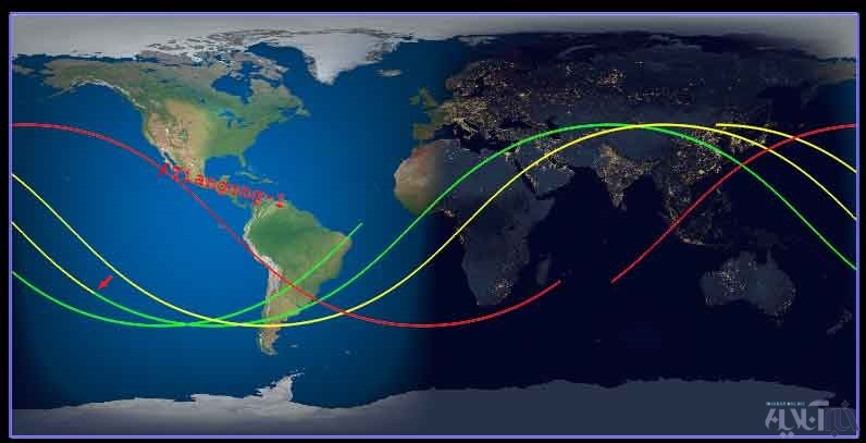 فلش قرمز، محدوده احتمالی سقوط تیان‌گونگ-۱ را در اقیانوس آرام نشان می‌دهد