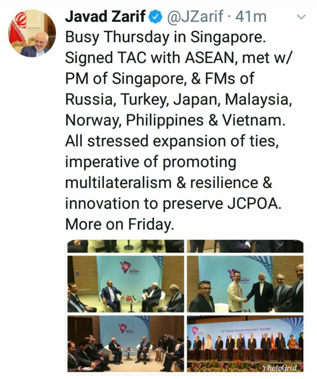 توئیتی را از پنجشنبه پرکار در سنگاپور و دیدار های مفید دوجانبه با همتایان و مقامات خارجی