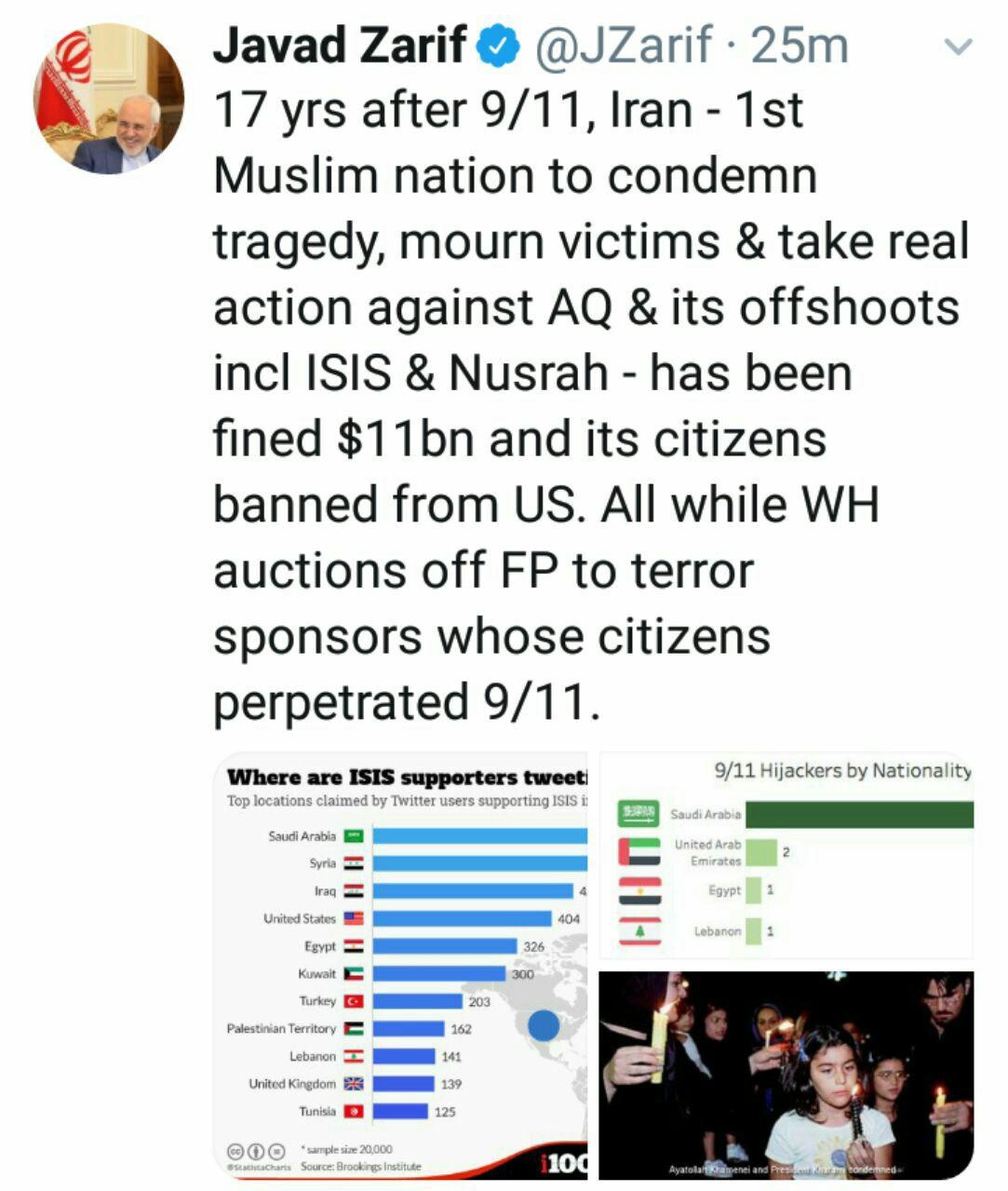 توئیت ظریف در سالگرد ۱۱ سپتامبر/عکس