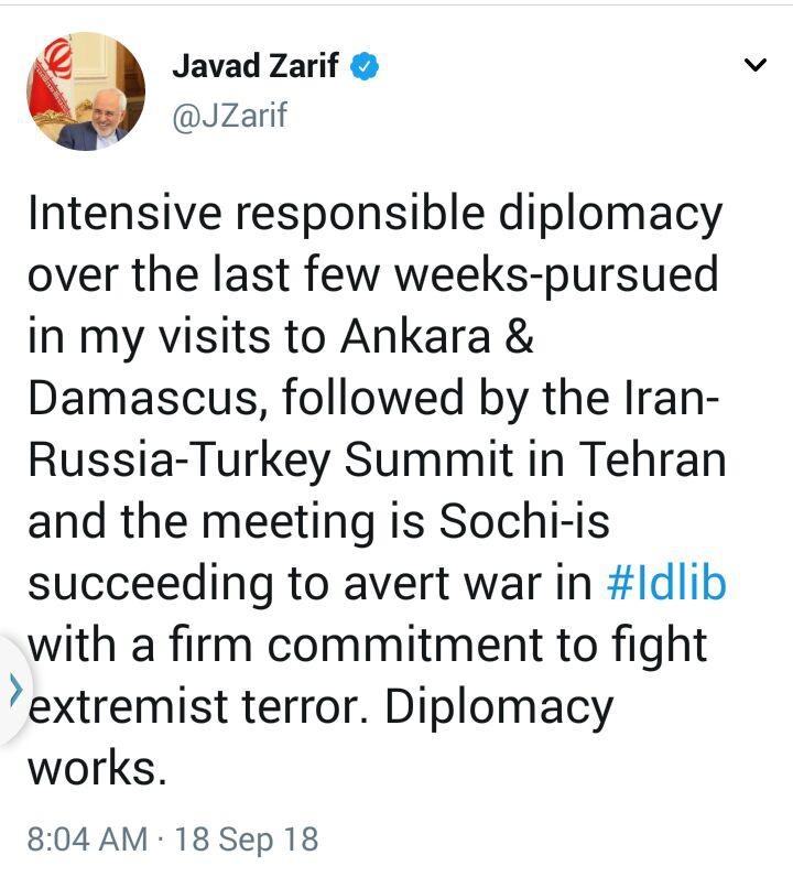 توئیت ظریف درباره توافق ادلب و موثر بودن دیپلماسی