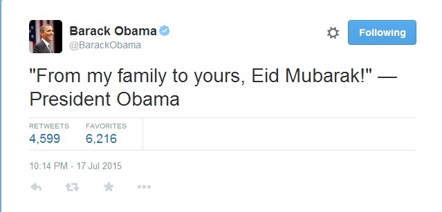 تبریک عید فطر اوباما به مسلمانان+توئیت !!