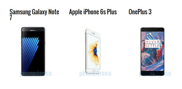 مقایسه فنی سه گوشی گلکسی نوت7، وان پلاس3 و آیفون 6 اس پلاس