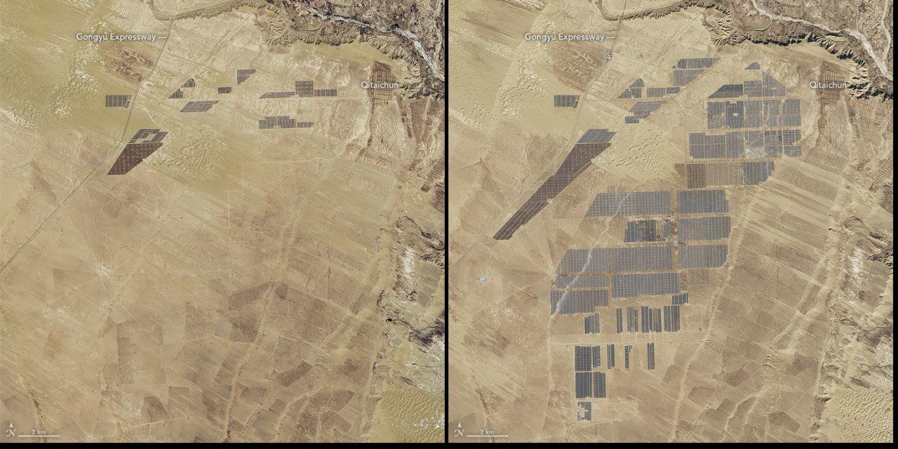 ۴ میلیون پنل خورشیدی از فضا چطور دیده می‌شوند؟/ عکس‌های ناسا از بزرگ‌ترین نیروگاه خورشیدی جهان