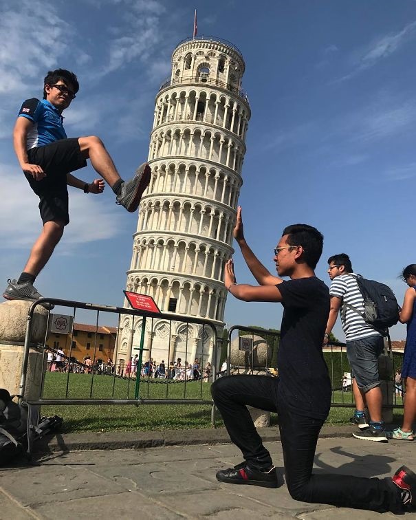 تصاویر | گردشگرانی که برج کج پیزا را سوژه عکس‌هایی متفاوت کردند